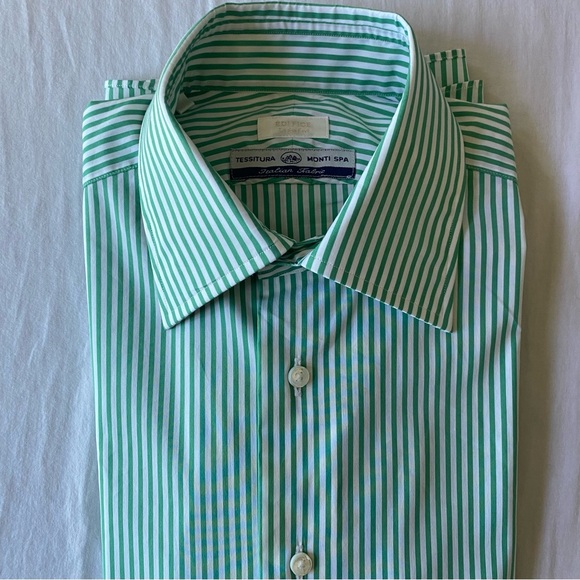 EDIFICE JAPAN men's green x white striped dress shirt, 14.5"/37cm - Picture 1 of 11
